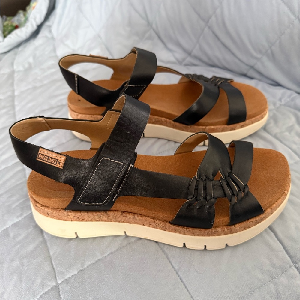 PIKOLINOS Black Leather Platform Slingback Sandals Size 38